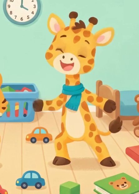 Giraffy, a tall yellow giraffe with brown spots and a teal scarf, laughing