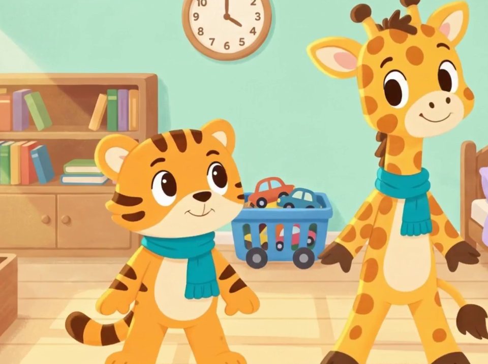 Tiggy and Giraffy in a tidy bedroom after cleaning up