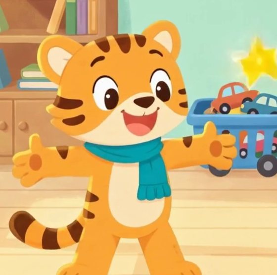 Tiggy, a little orange tiger cub with a teal scarf, smiling with open arms