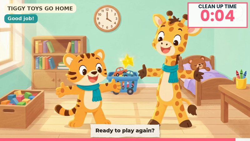 Tiggy and Giraffy with a clean-up countdown timer